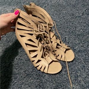 Tan lace up high heel sandals